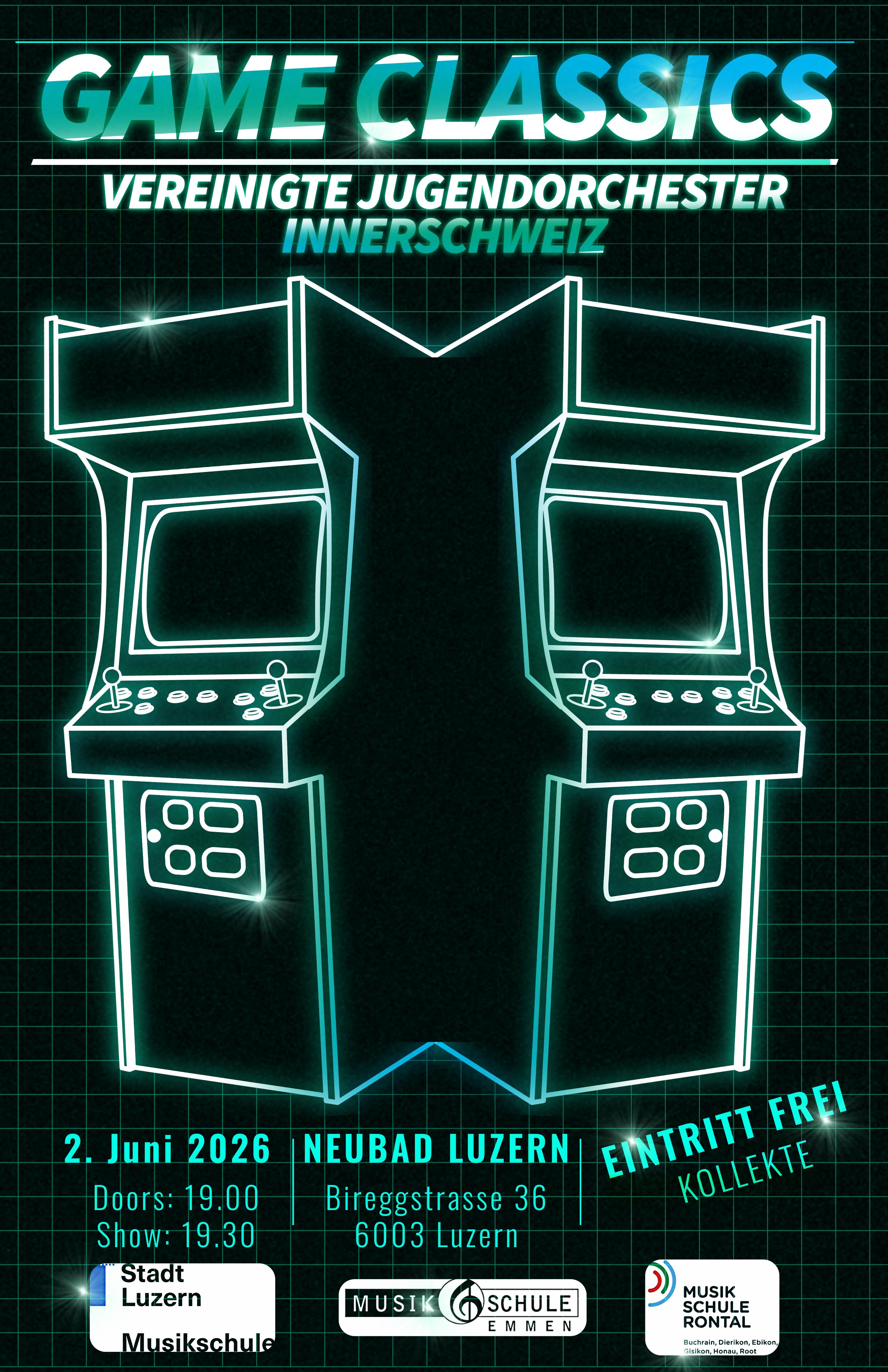 Grafik von zwei Arcadeboxen, die in türkisfarbenen Neonlinien umrandet sind.