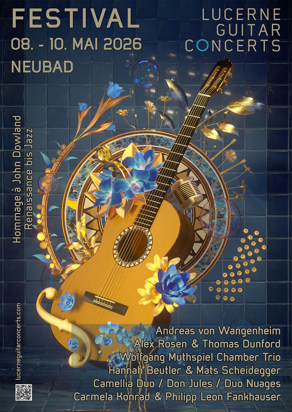 Eine gezeichnete Gitarre mit Blumen verziert. Es ist ein Plakat für ein Gitarrenfestival.