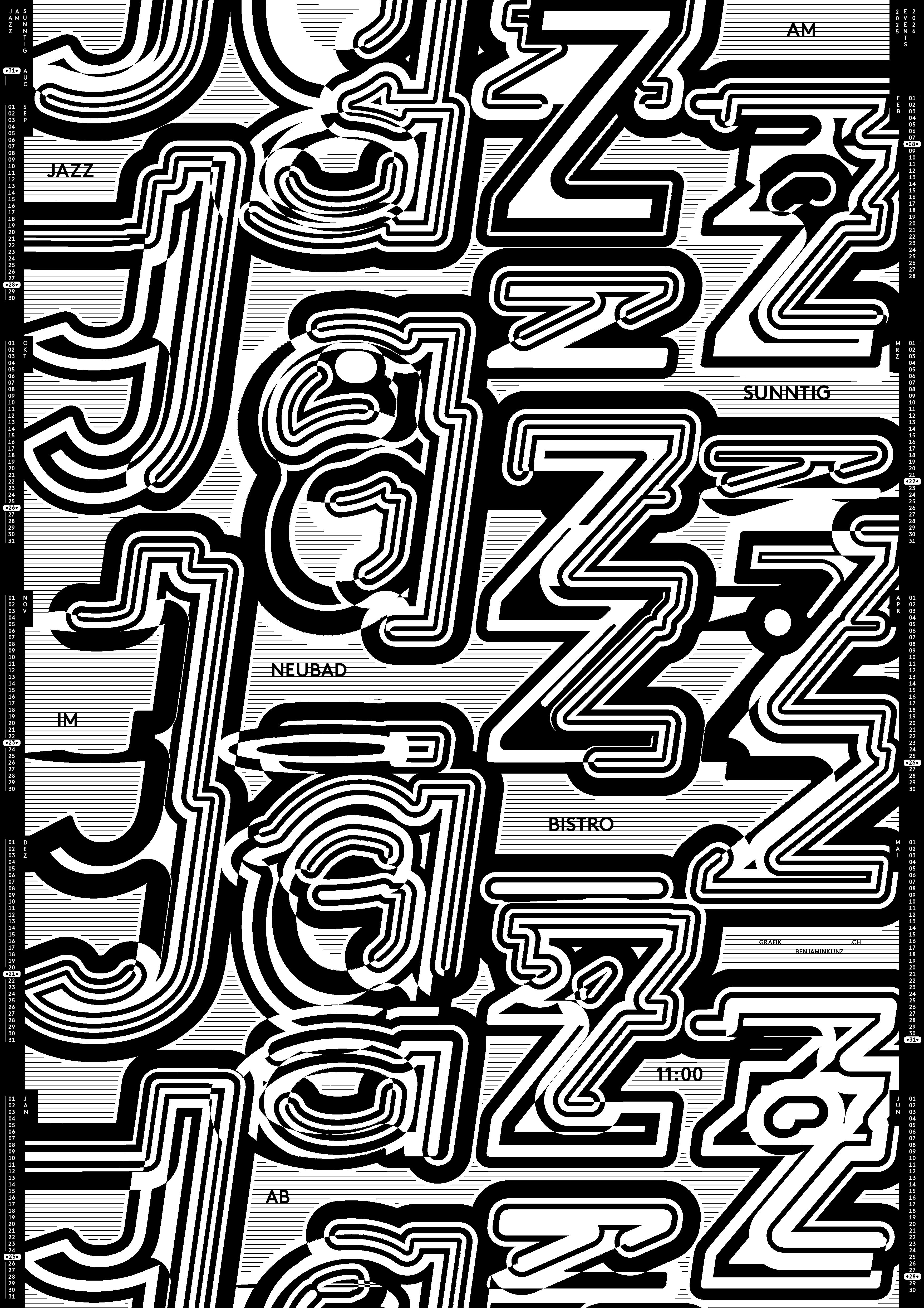 Plakat von Jazz am Sunntig: Der Schriftzug "Jazz" aus ineinanderlaufenden schwarzweissen Formen mehrmals untereinander.